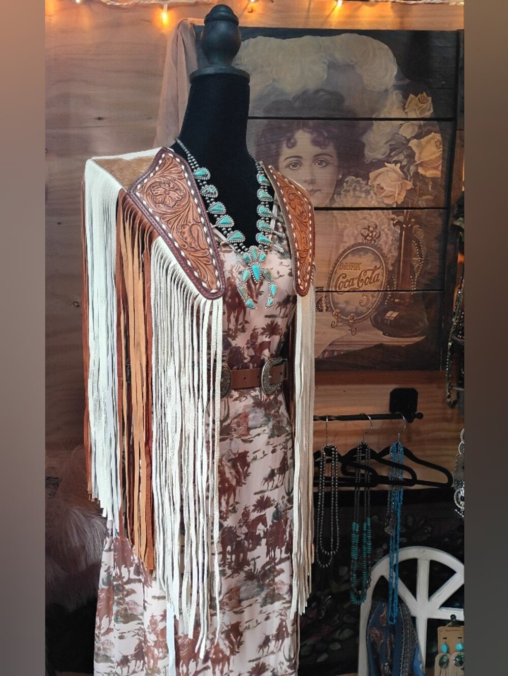 American Darling Tooled leather & cowhide fringe shawl